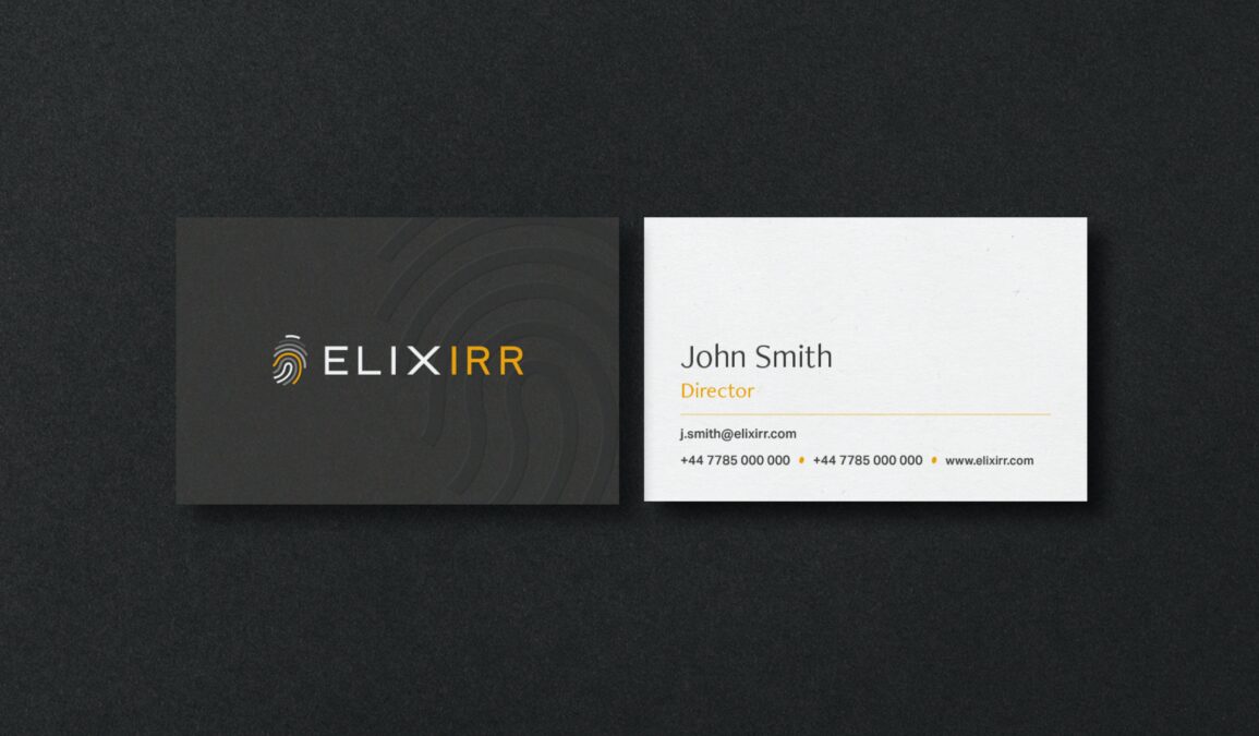 The front and back side of a Elixirr business card.