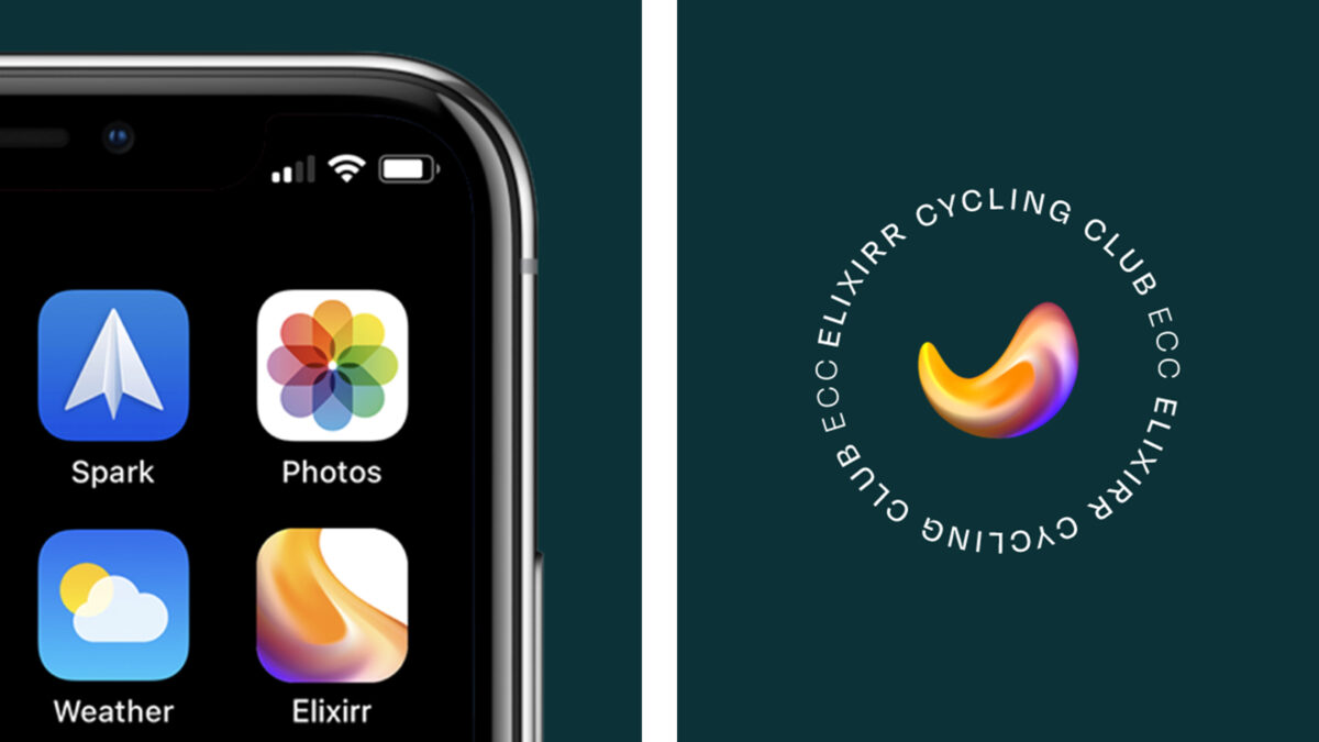 A phome screen showing Elixirr's app icon next to a graphic of Elixirr's Cycling Club logo.
