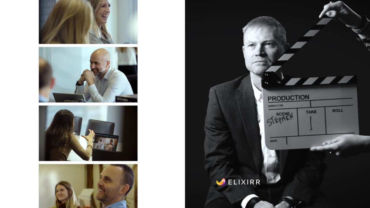 A collage of photos of Elixirr employees working and a headshot of its CEO, Stephen Newton.