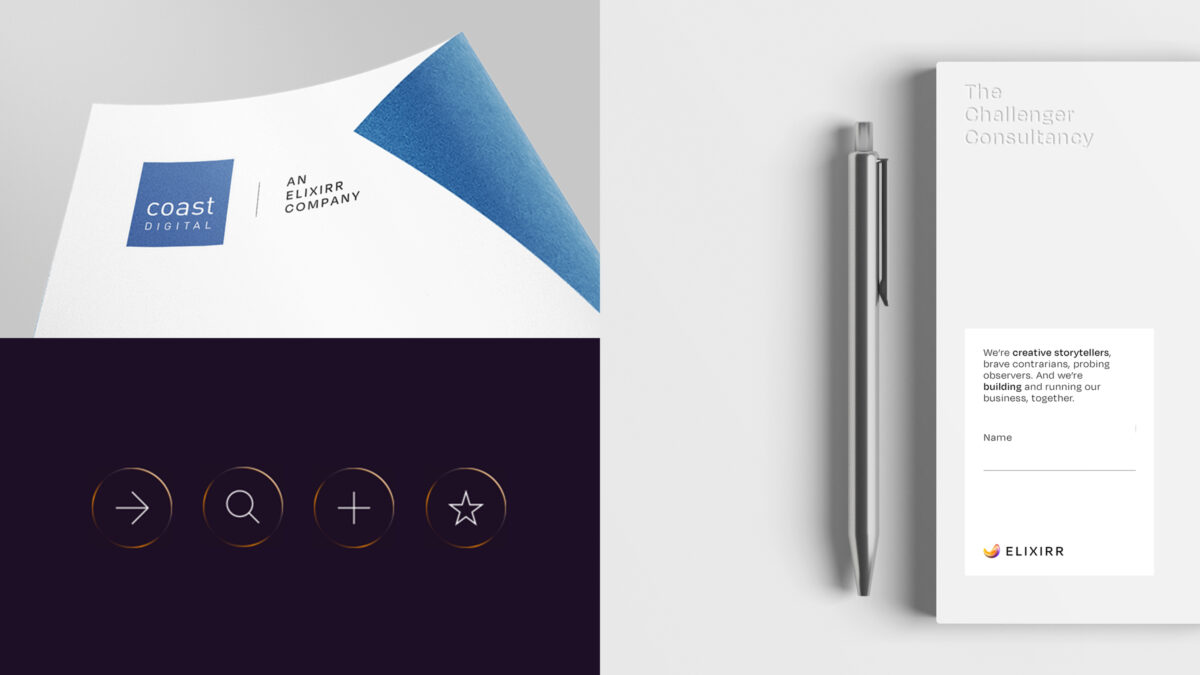 A collage of Elixirr brand assets, including the logo, icons and branding applied to a notebook.