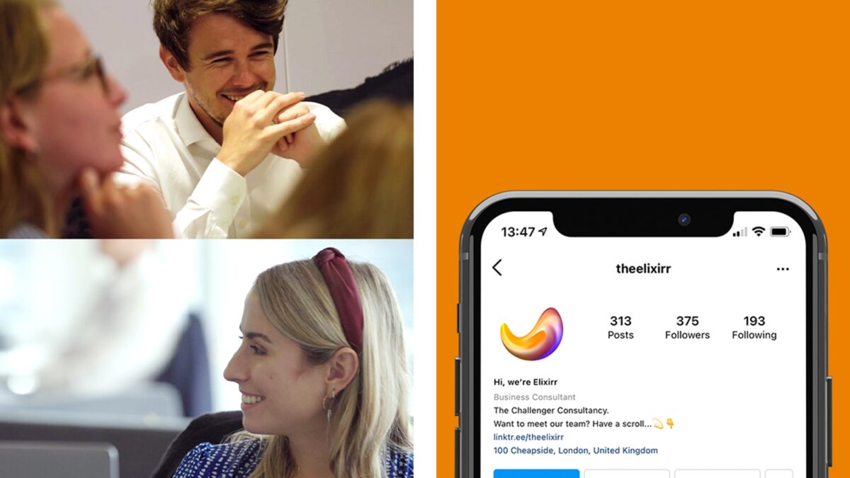 Two photos of people laughing placed next to a phone with Elixirr's Instagram page on the screen.