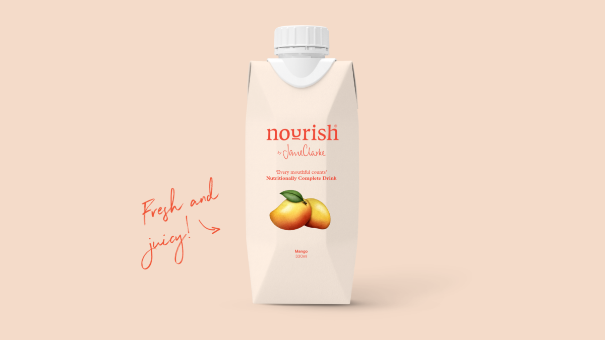 A product shot of Nourish's mango flavoured drink in a 330ml carton.