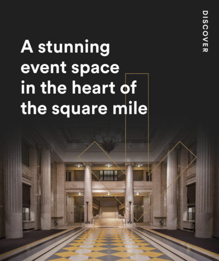 A large room with pillars with the words ‘A stunning even space in the hear of the square mile’ written as an overlay