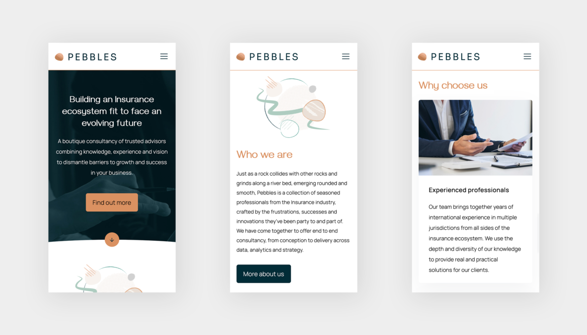 In image showing three mobile screens with the Pebbles website design displayed