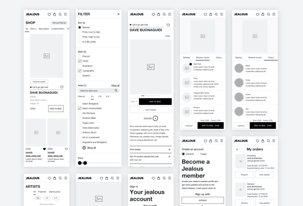 Screenshots of wireframes of Jealous' mobile website, laid out in rows on a light grey background.