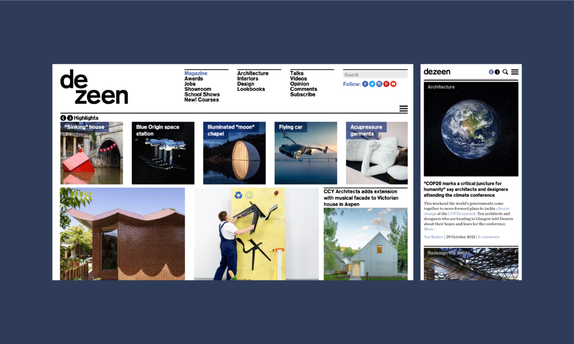 Screenshot of Dezeen's desktop and mobile website on a navy blue background.